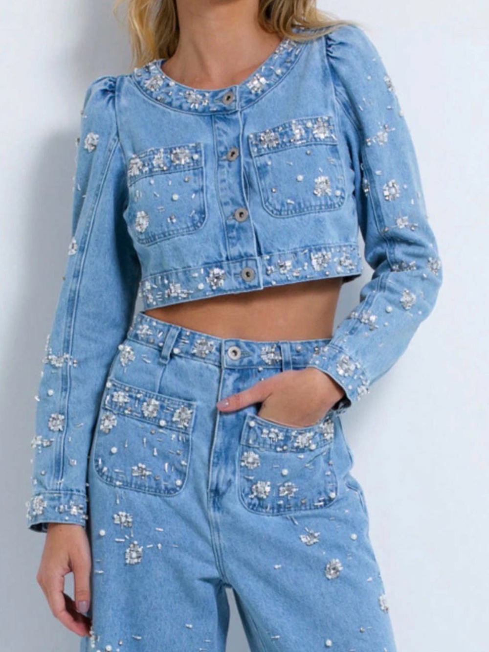 PatBO Light Blue Bejeweled Denim Jacket